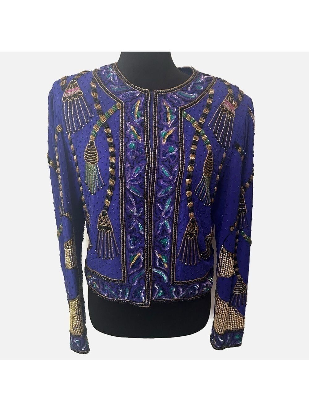 Vintage Laurence Kazar Women’s Silk Beaded Sequin Bolero Jacket Art to Wear